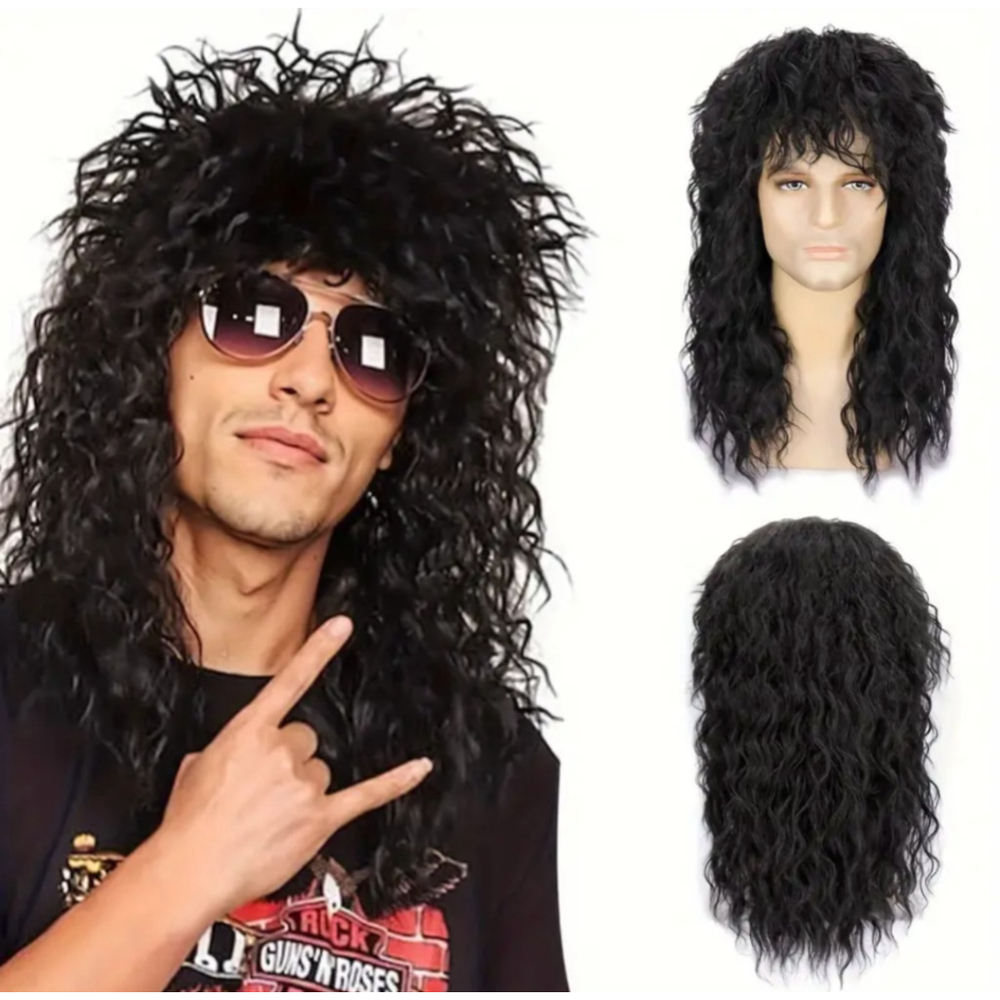 Rocker Costume Long Black Wig Heavy Metal Biker Festival Tattoo Sleeves Cosplay